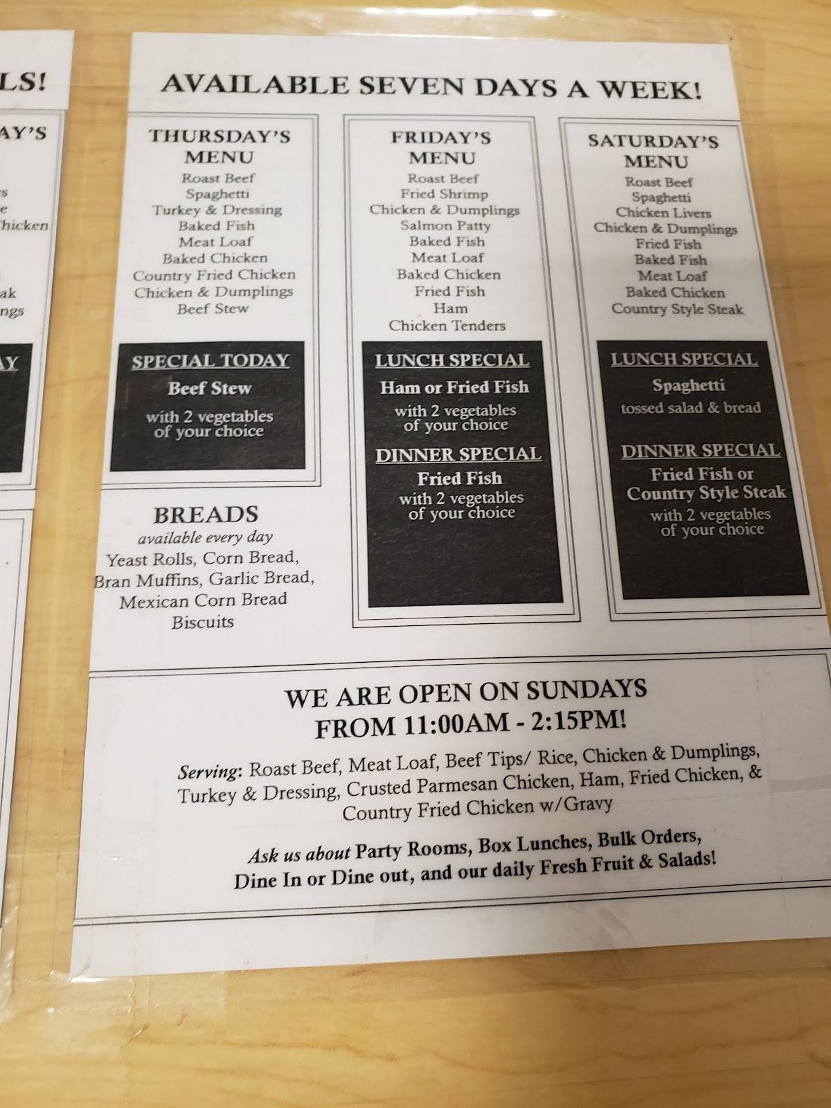 Menu at Jackson's Cafeteria, Gastonia, E Franklin Blvd