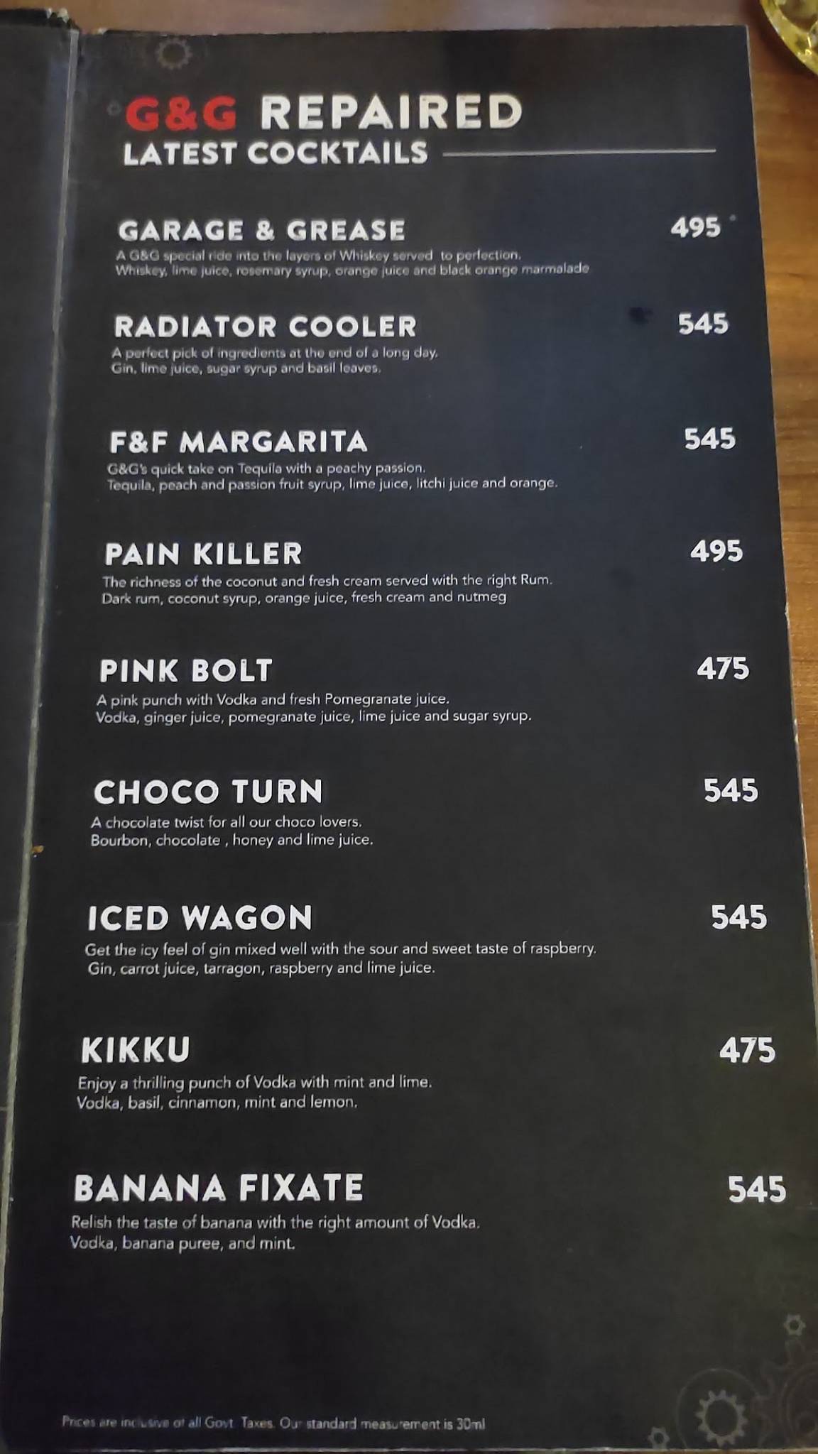 Menu at Gears & Garage Restobar, Chennai