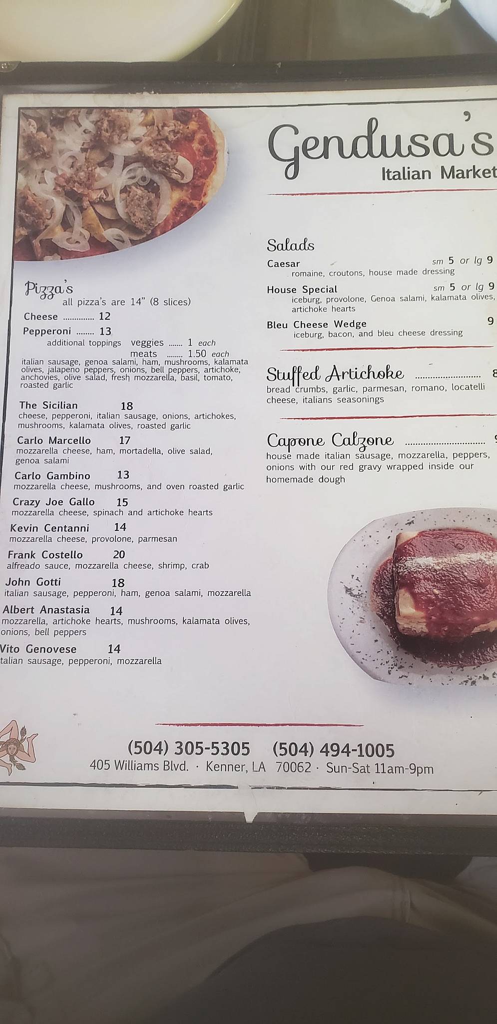 Menu at Gendusa's Italian Eatery pizzeria, Kenner