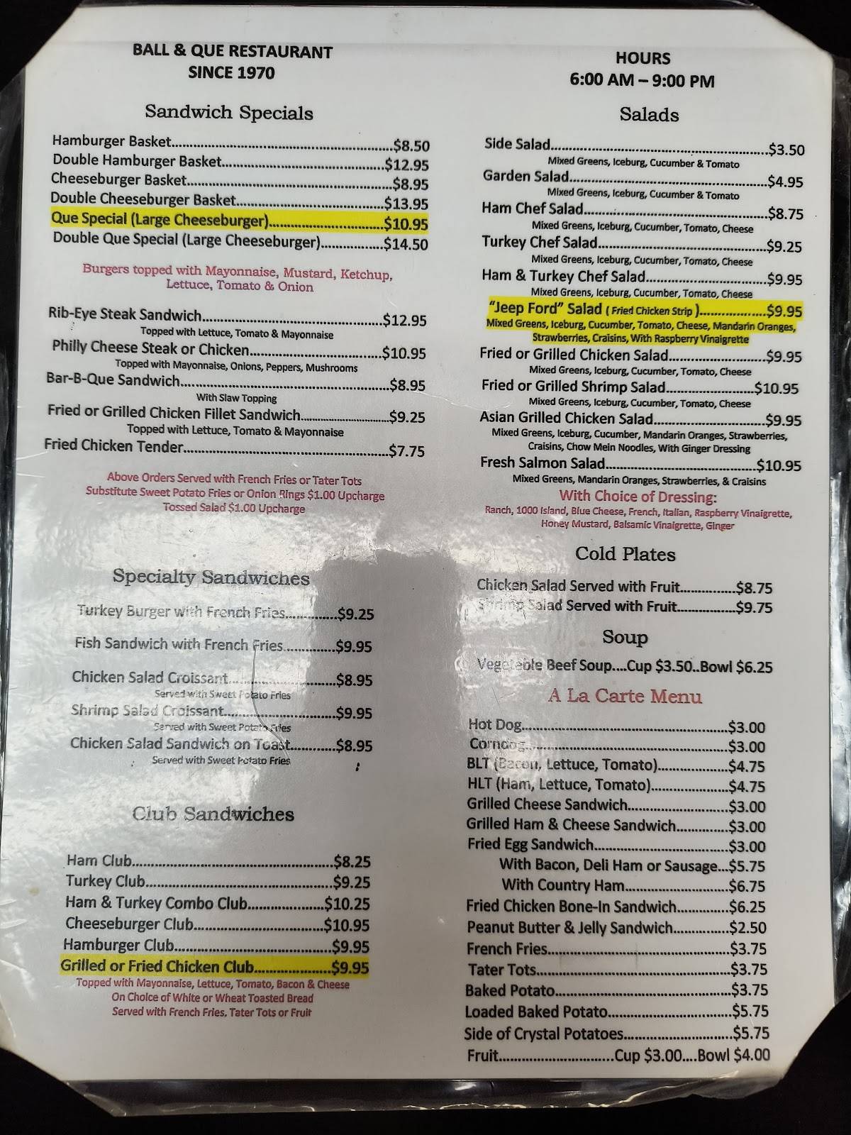 Menu at Ball & Que Restaurant,