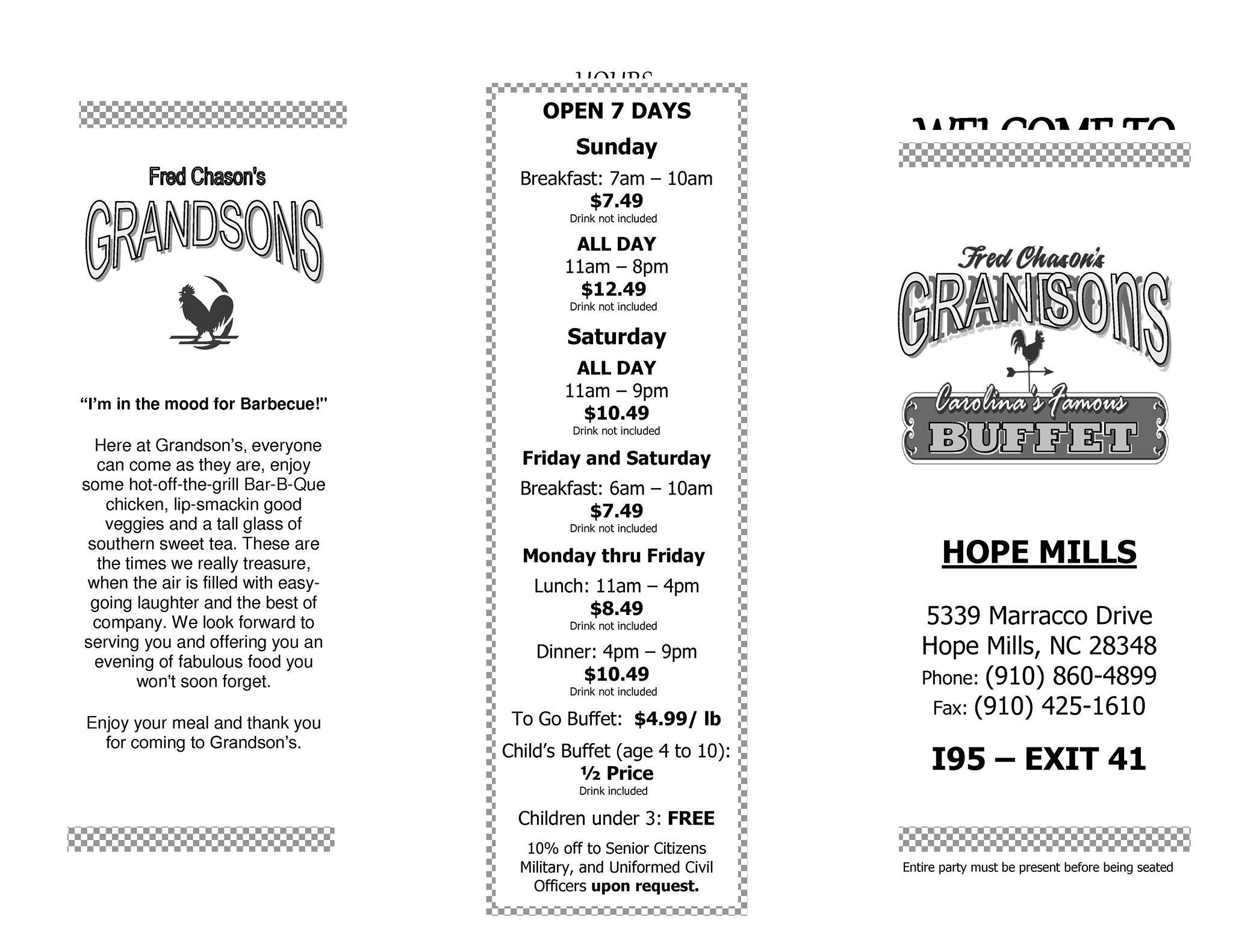 Menu at Grandsons Buffet Hope Mills restaurant, Hope Mills