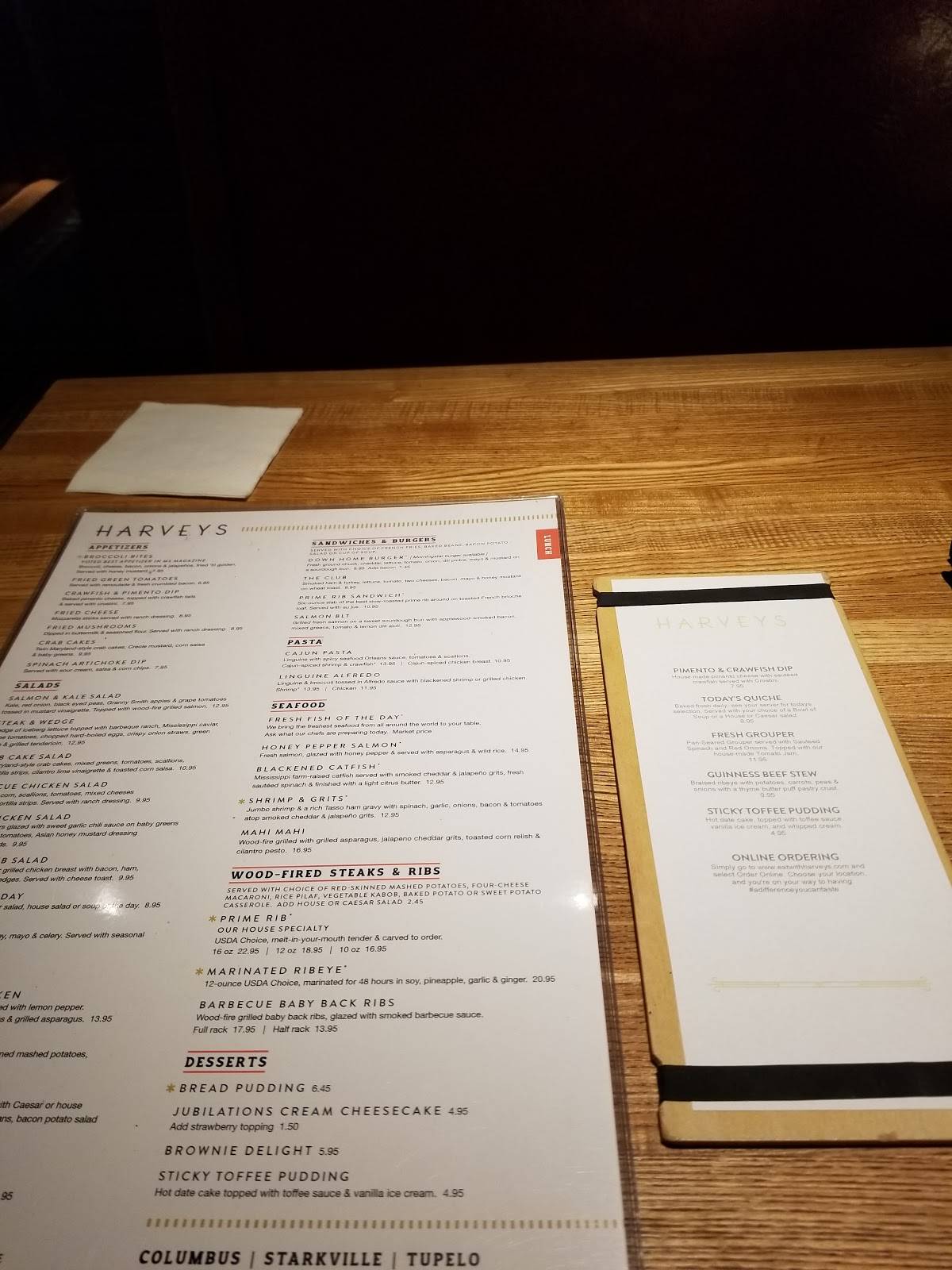 Menu at Harveys steakhouse, Tupelo