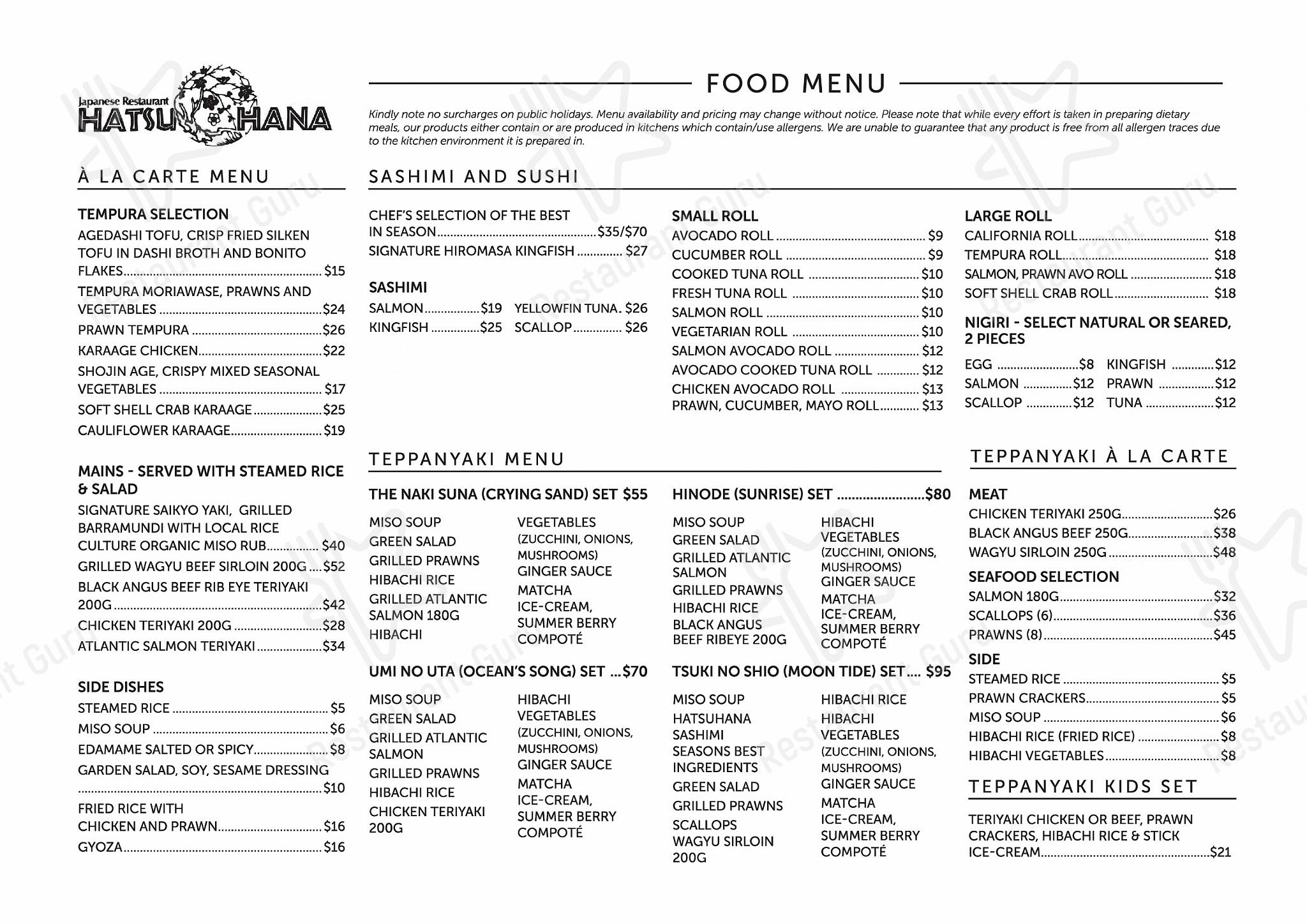 Menu at Hatsuhana Japanese Restaurant, Main Beach