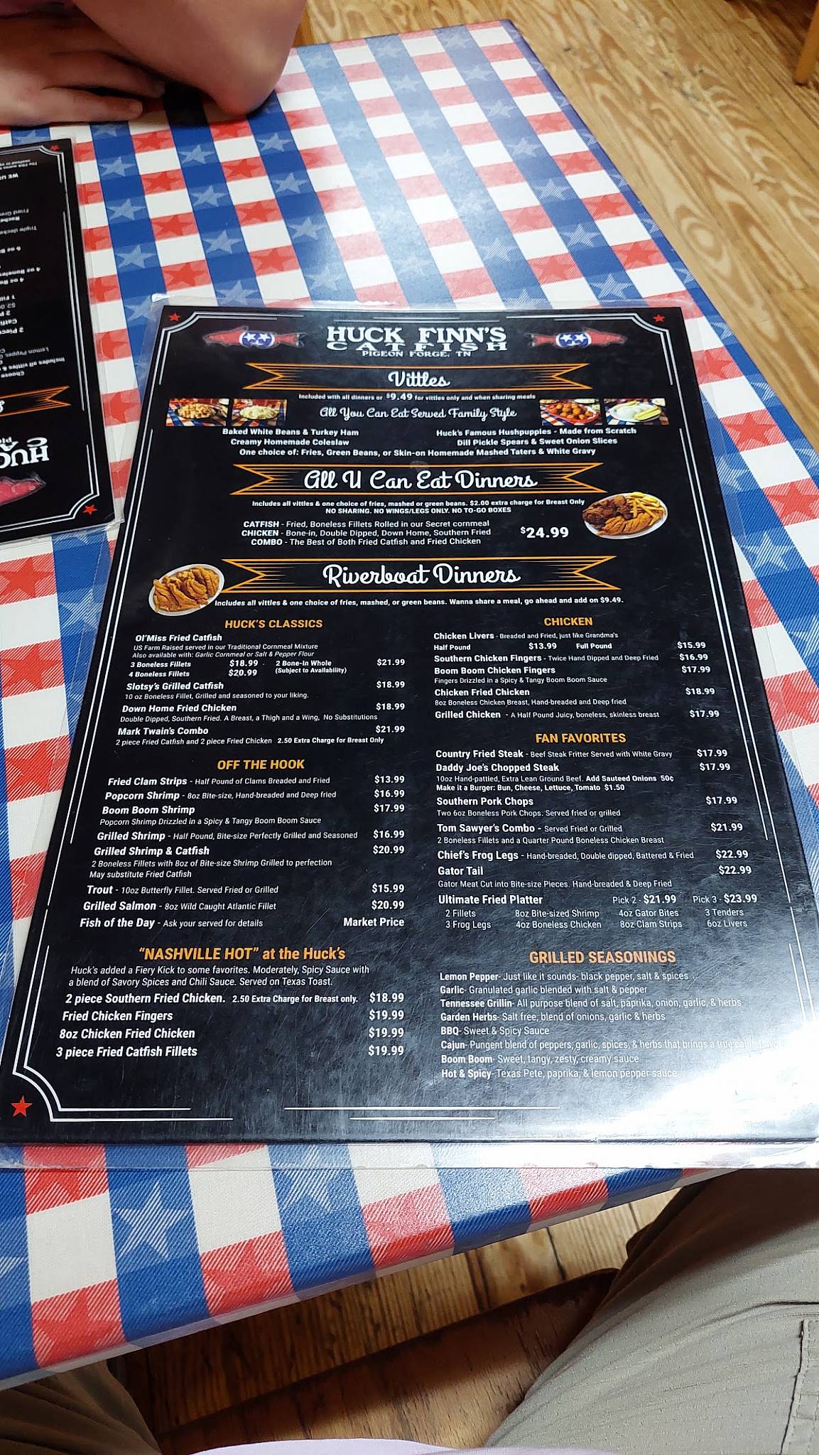 Menu at Huck Finn's Catfish restaurant, Pigeon