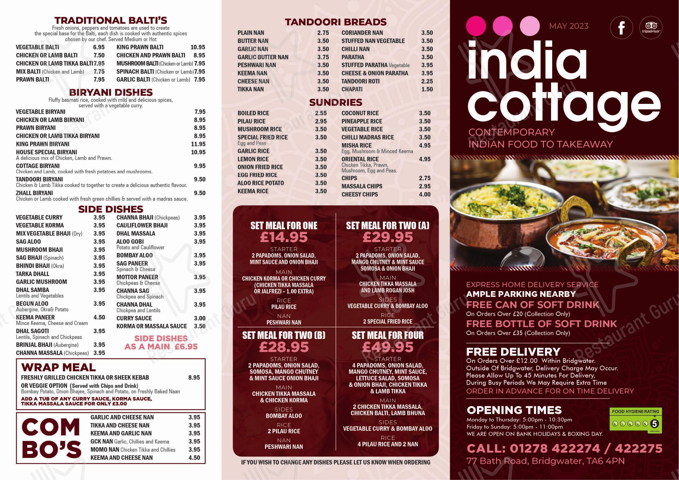 Menu At India Cottage Bridgwater Restaurant Bridgwater