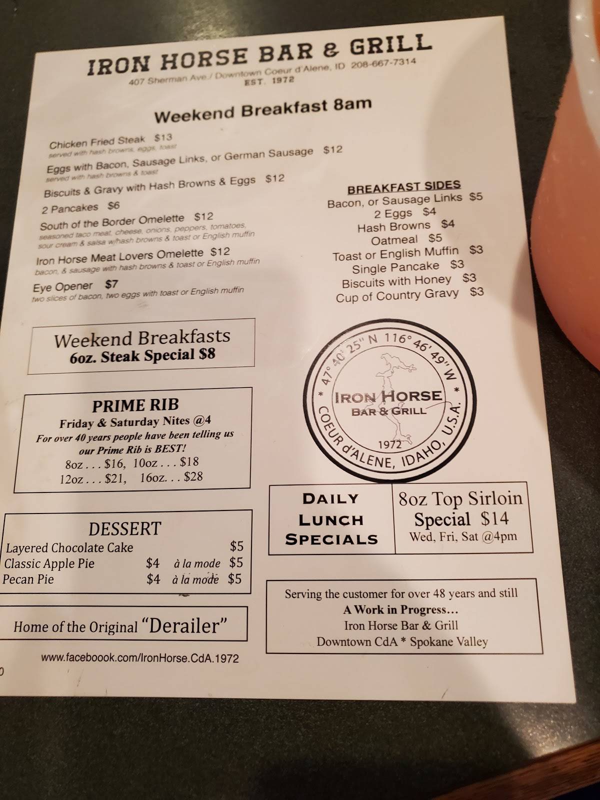 Menu at Iron Horse pub & bar, Coeur d'Alene