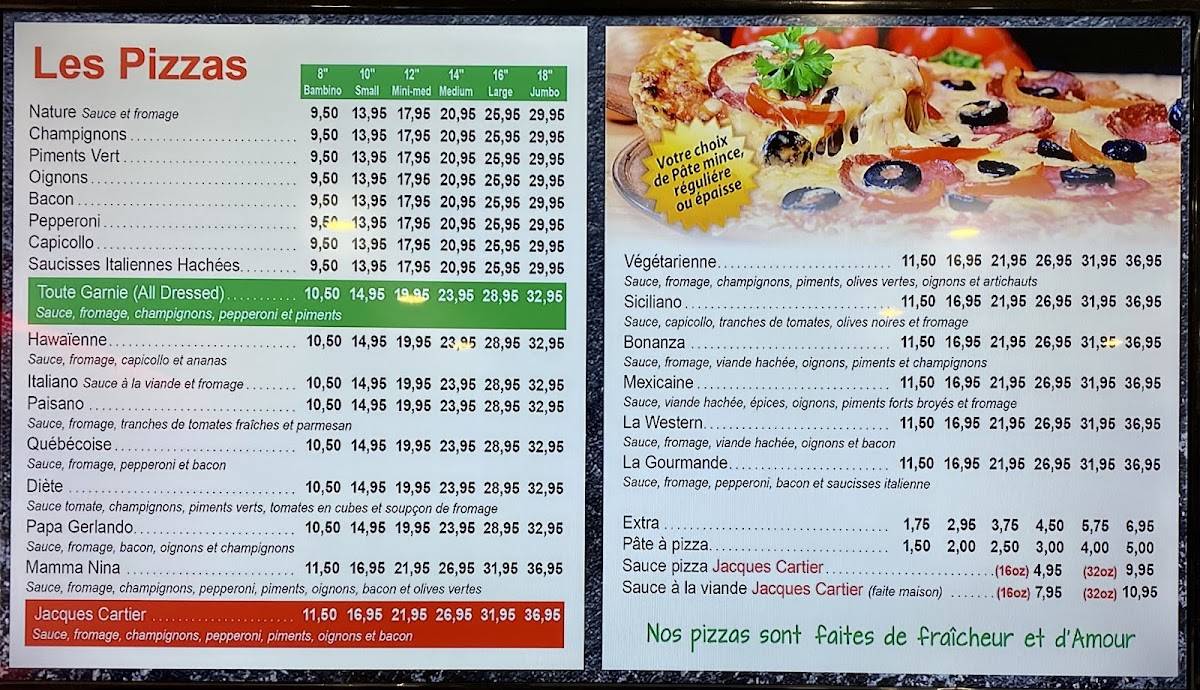 Menu au Jacques Cartier Pizza StJeansurRichelieu pizzeria, Saint