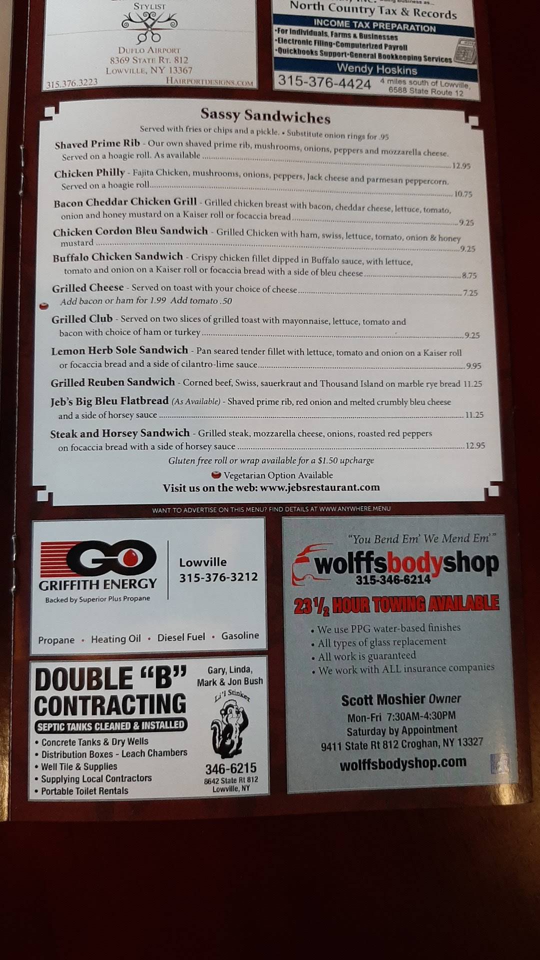 Menu at Jeb's Restaurant, Lowville