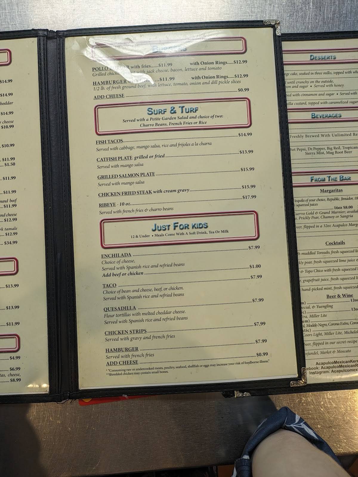 Menu at Acapulco Mexican Restaurant, Kerrville