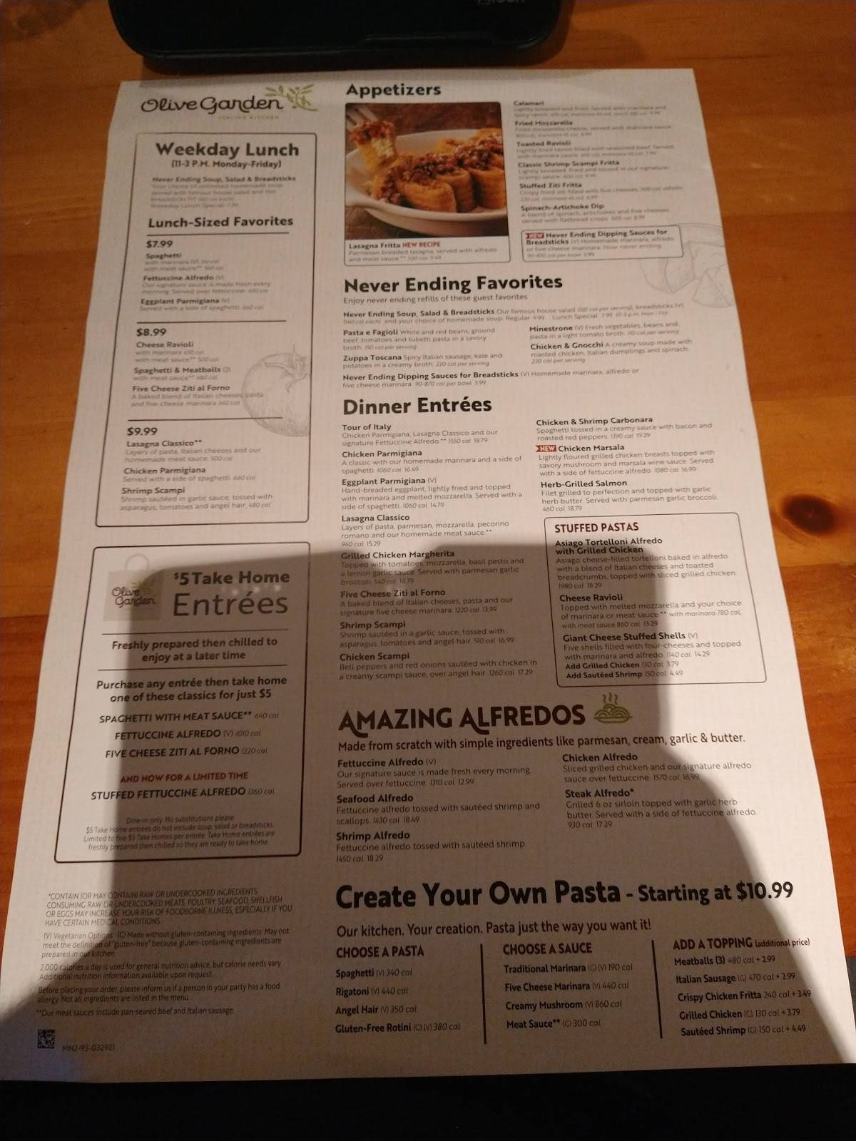 Menu at Olive Garden Italian Restaurant, Kingsport