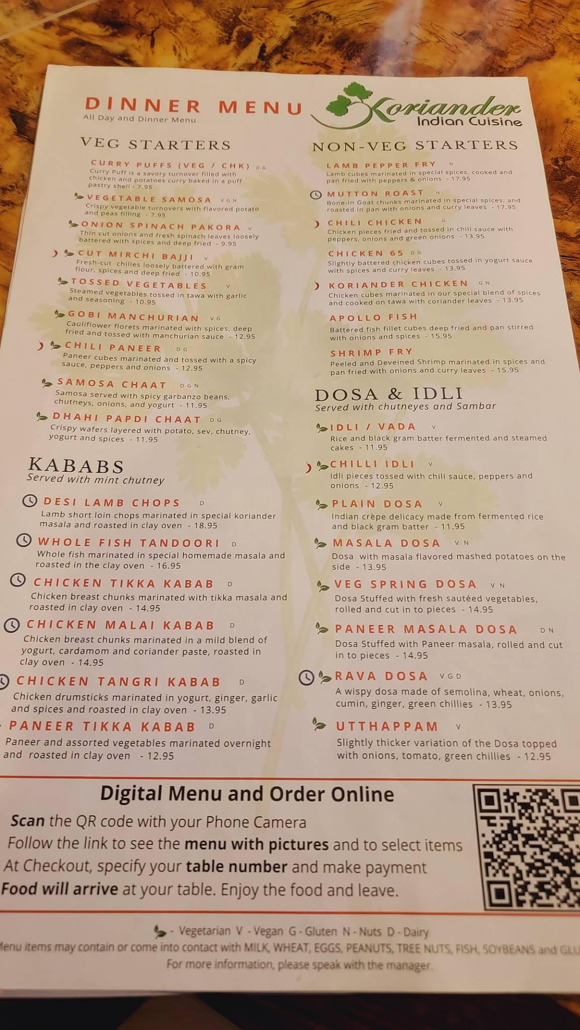 Menu at Koriander Indian Cuisine restaurant, Belmont