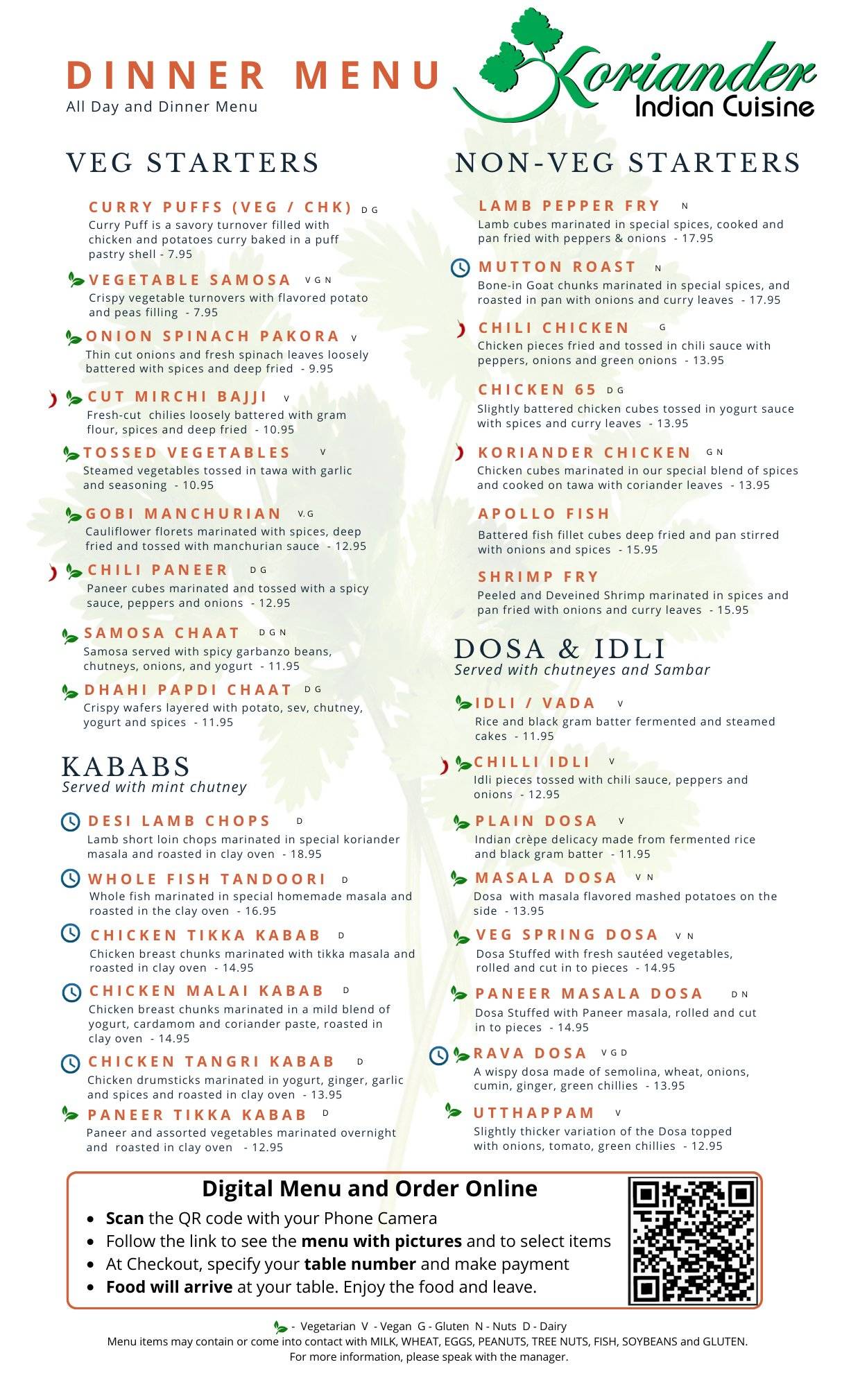 Menu at Koriander Indian Cuisine restaurant, Belmont