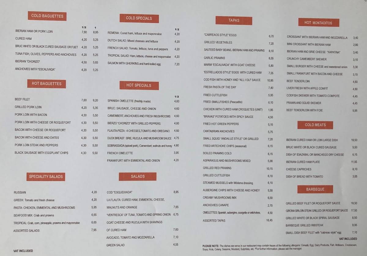 Carta del restaurante La Flauta, Barcelona, Carrer d'Aribau