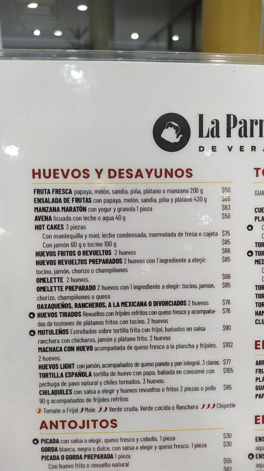 Carta del restaurante La Parroquia del Veracruz Xalapa Enríquez Juan