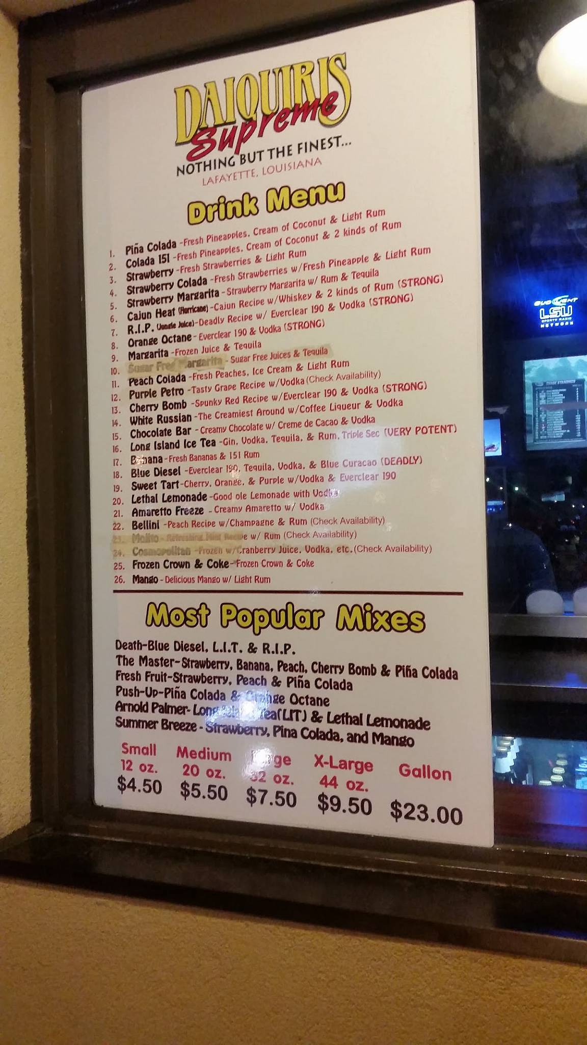 Menu at Daiquiris Supreme pub & bar, Lafayette, Johnston St