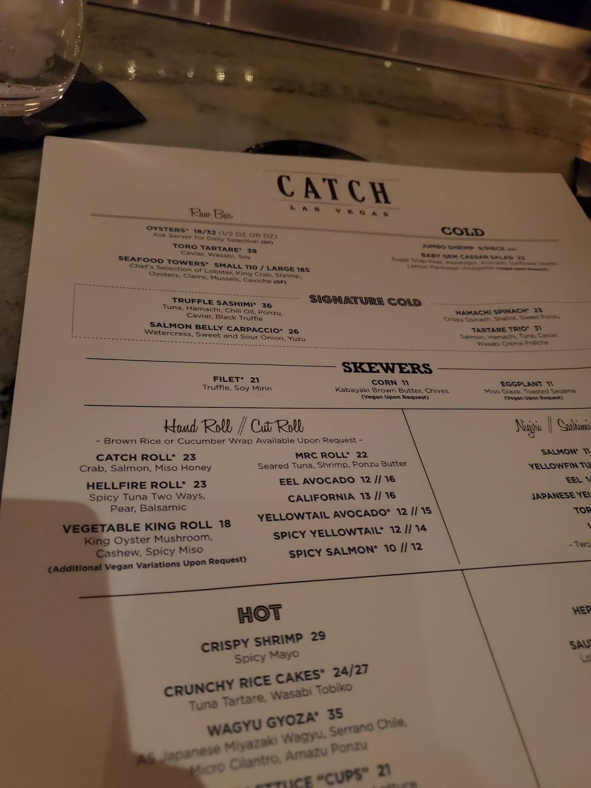 Menu at CATCH restaurant, Las Vegas