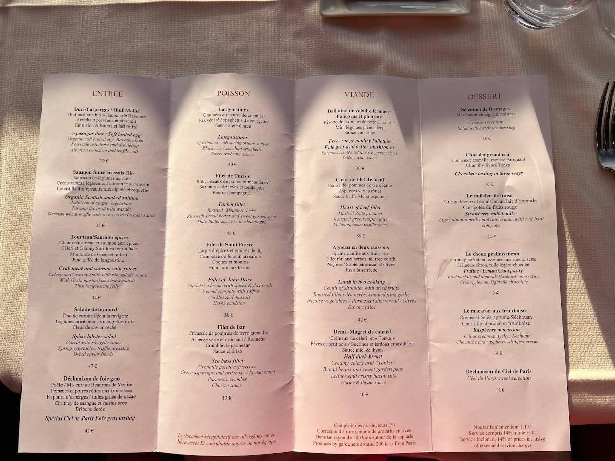 Le Ciel de Paris Restaurant menu