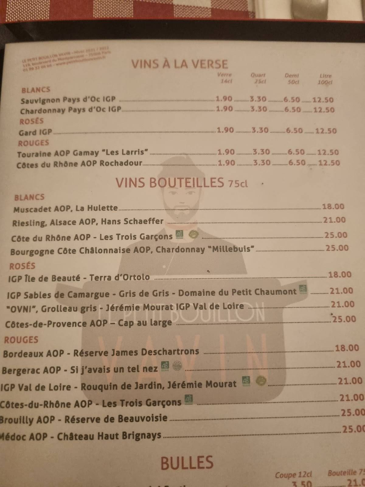 Menu au Le Petit Bouillon Vavin restaurant, Paris