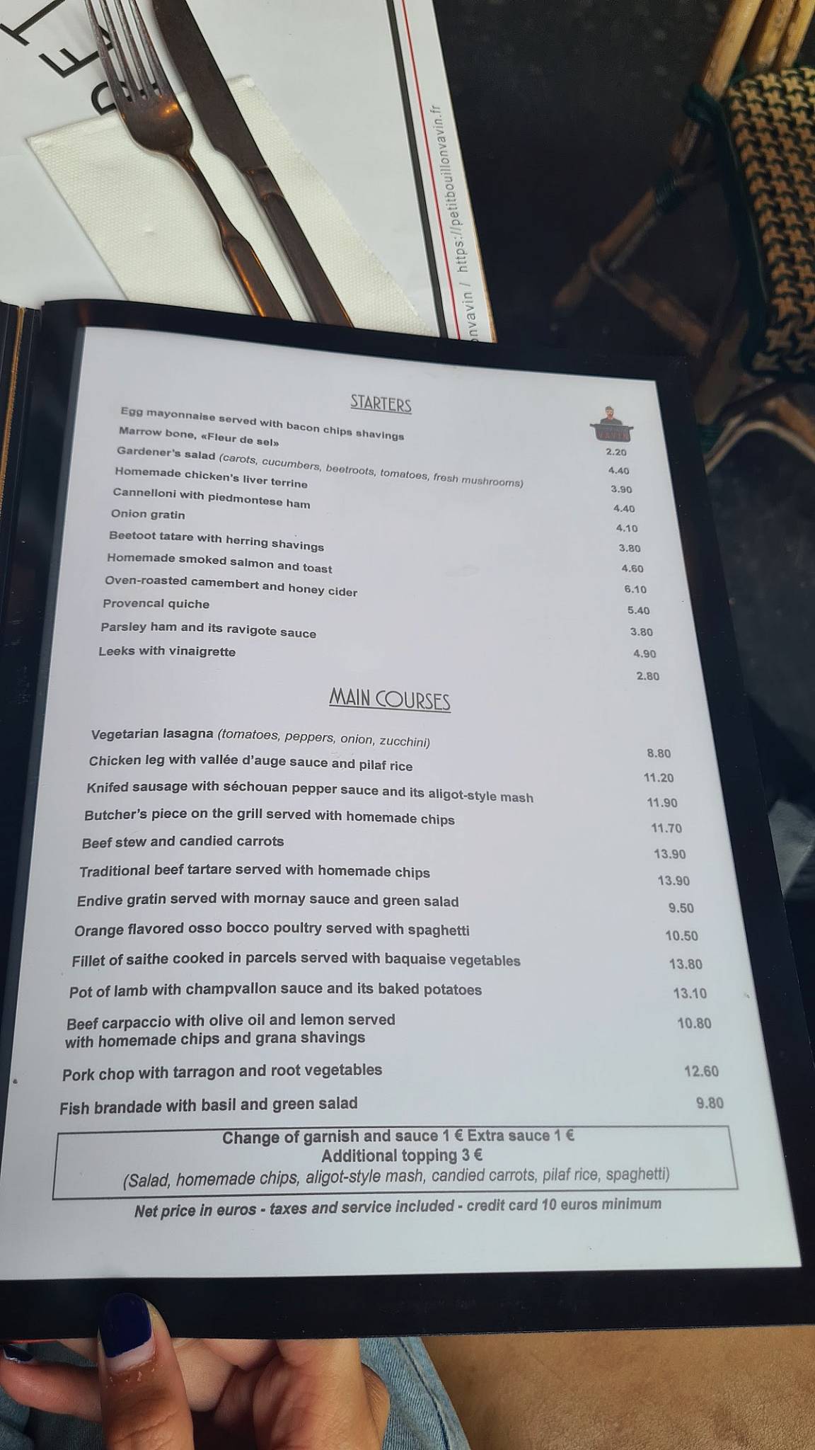 Menu au Le Petit Bouillon Vavin restaurant, Paris