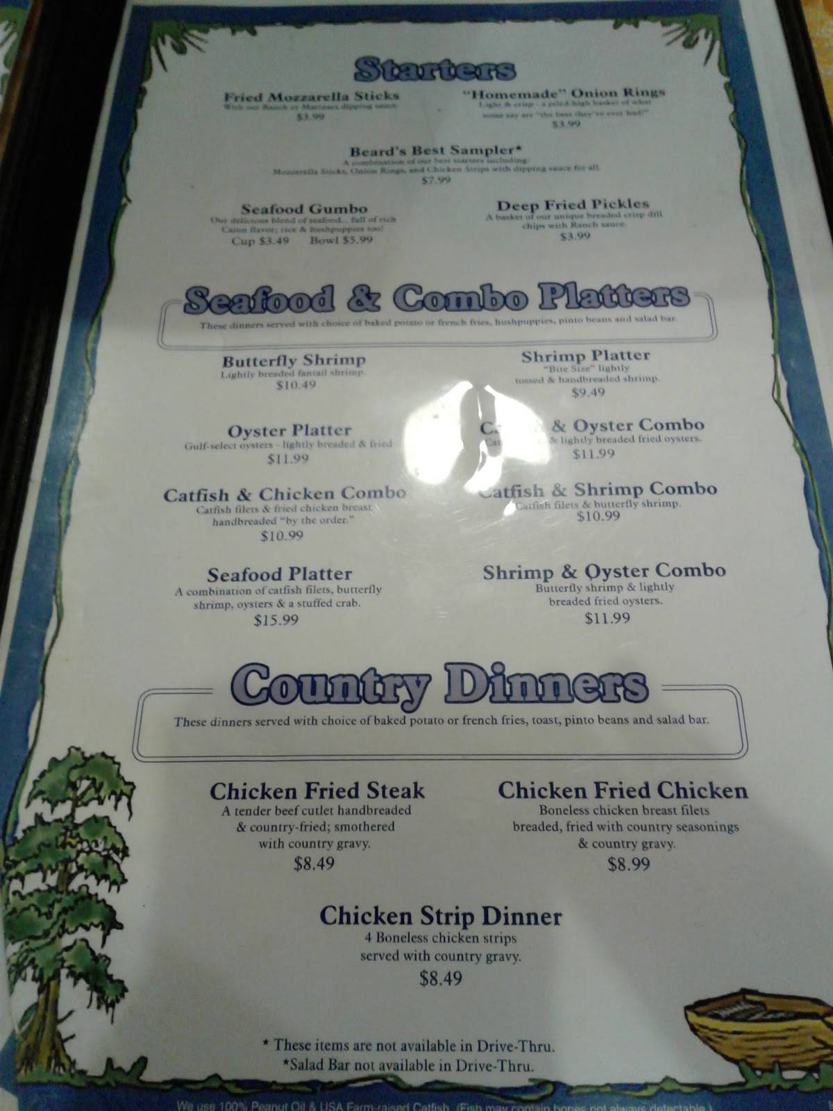 Menu at David Beard's Catfish King restaurant, Livingston, US59 Loop N