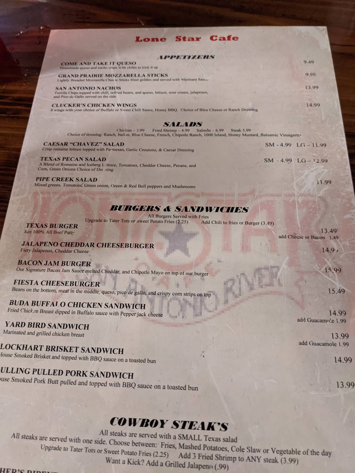 Menu at Lone Star Cafe, San Antonio, 237 Losoya St
