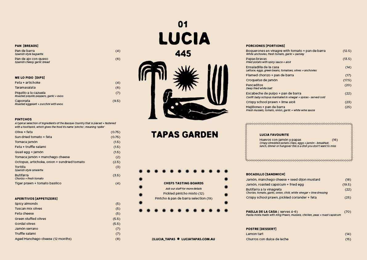 Menu at Lucia Tapas Garden restaurant, Tugun