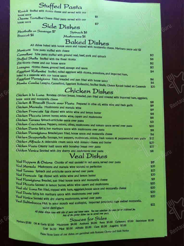 Menu at Luna Restaurant, Venice