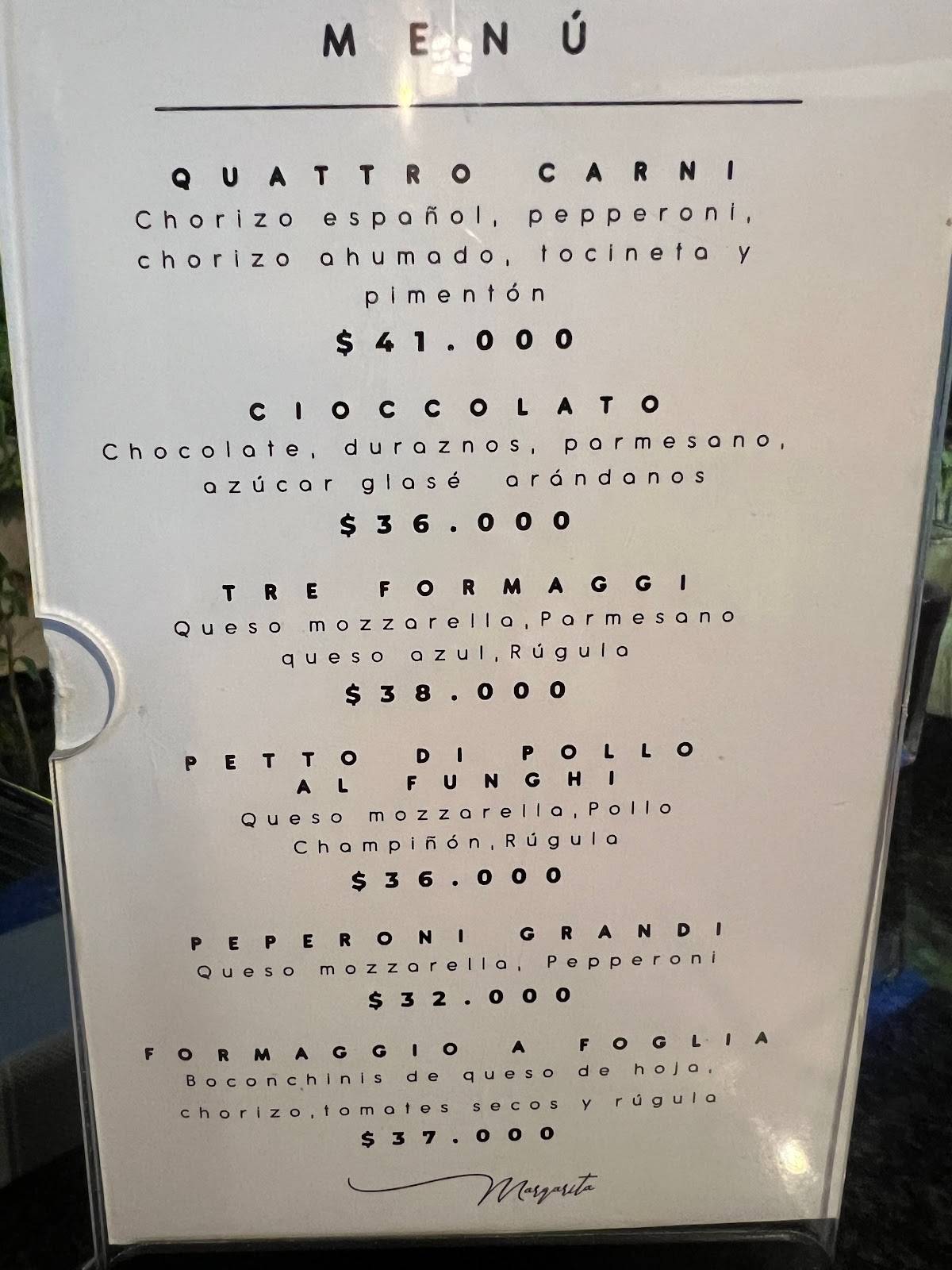 Menu at Margarita Pizza Delivery restaurant, Colombia