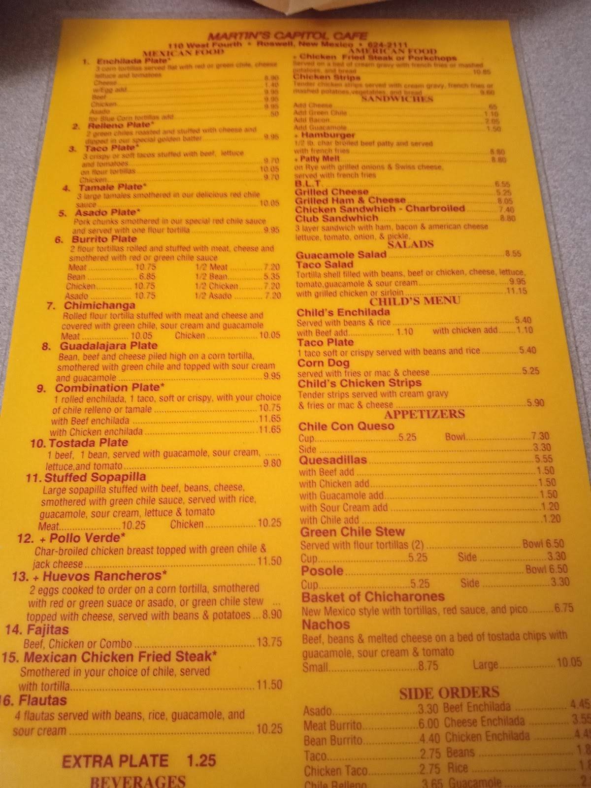 Menu at Martin's Capitol Cafe, Roswell