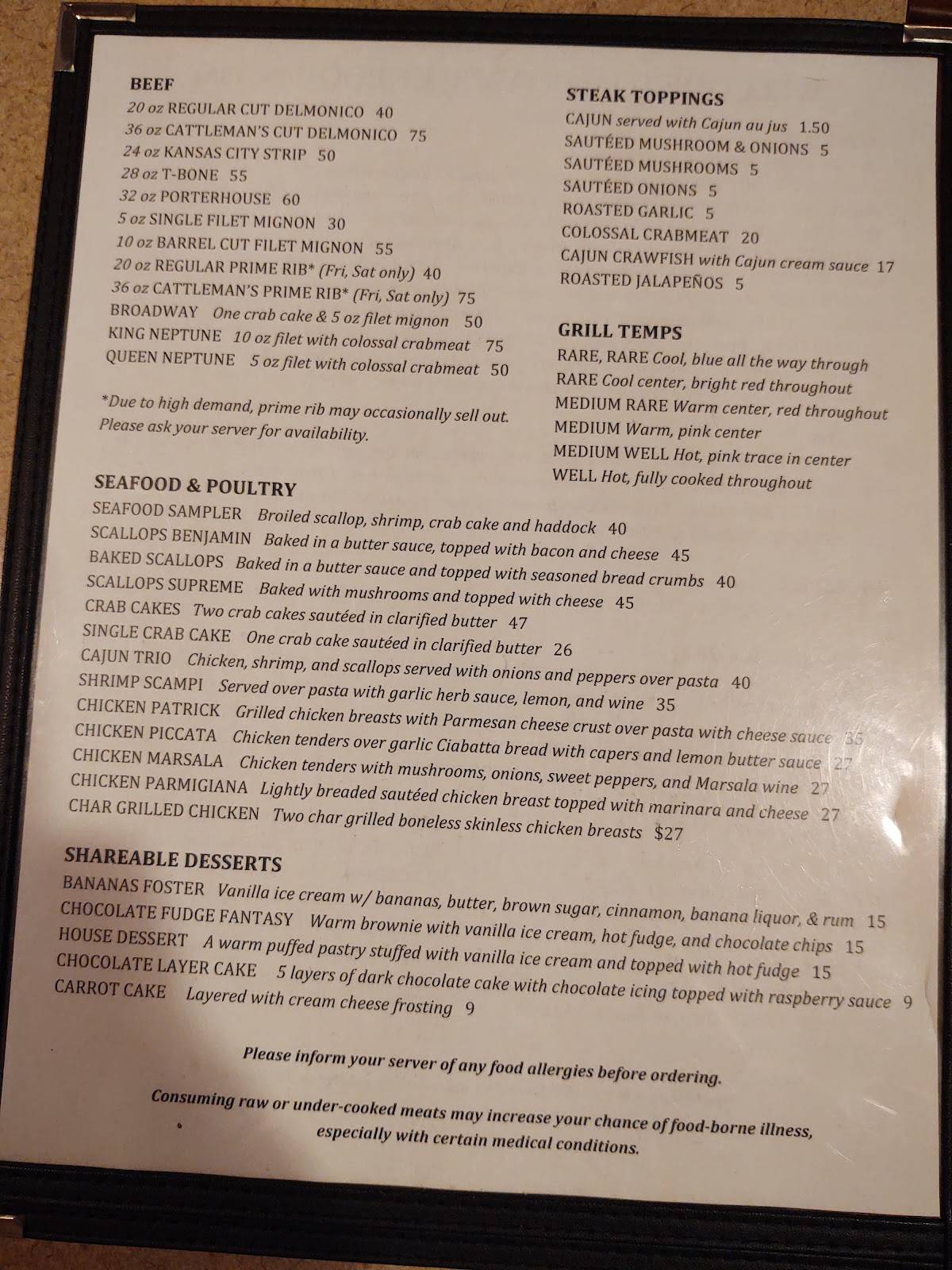 Menu at Marty's Blue Room restaurant, Nanticoke