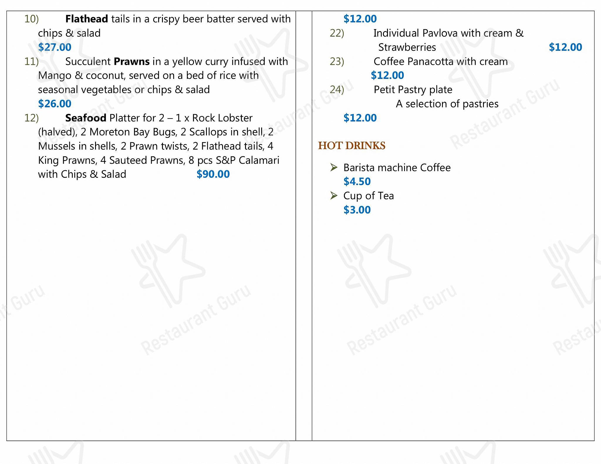 Menu at Metung Yacht Club, Metung