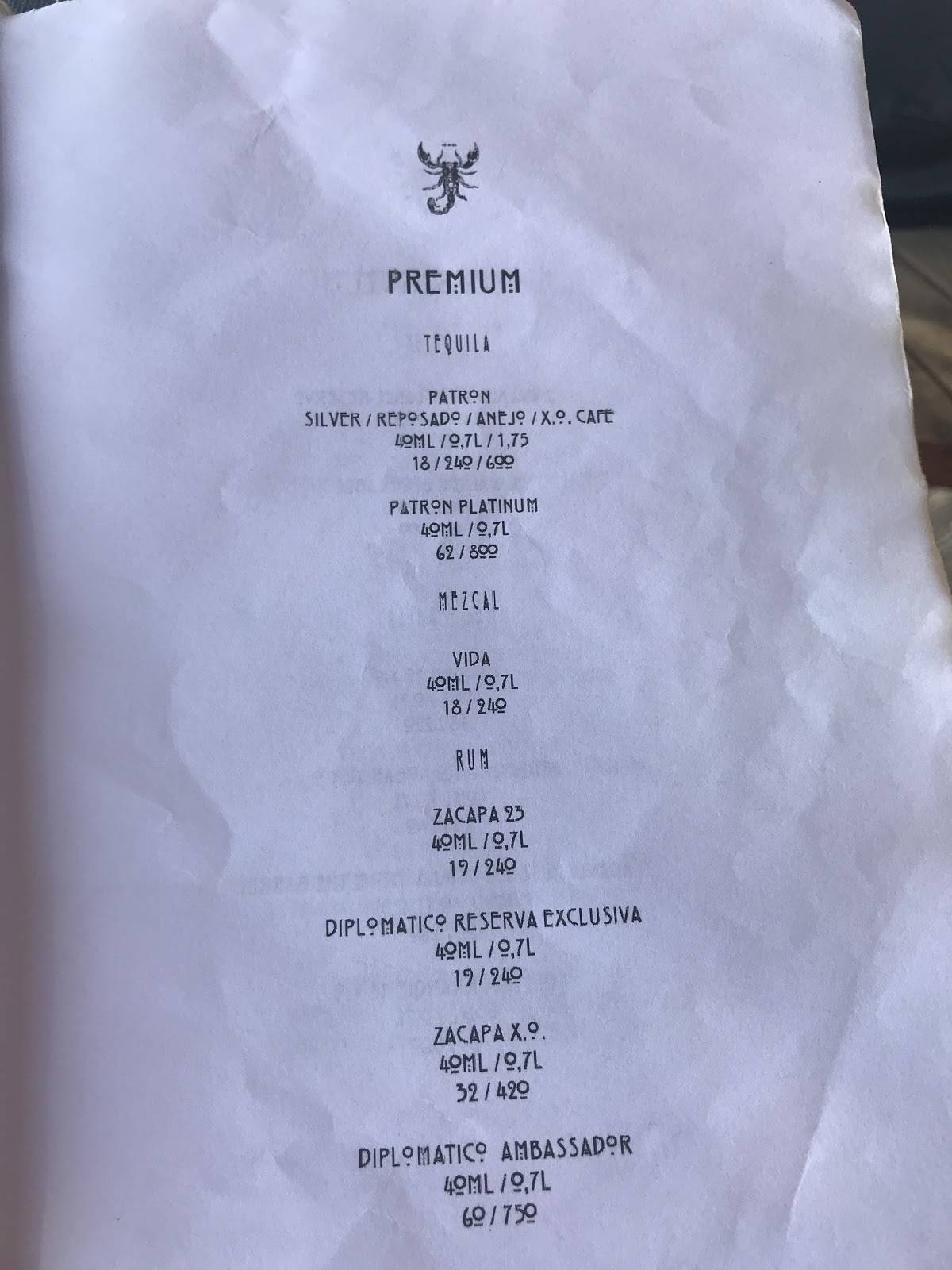 Menu at Scorpios, Mikonos