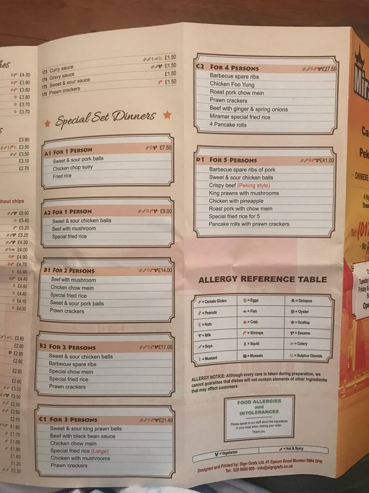 Menu at Miramar Chinese minster restaurant, Sheerness, 4 High St