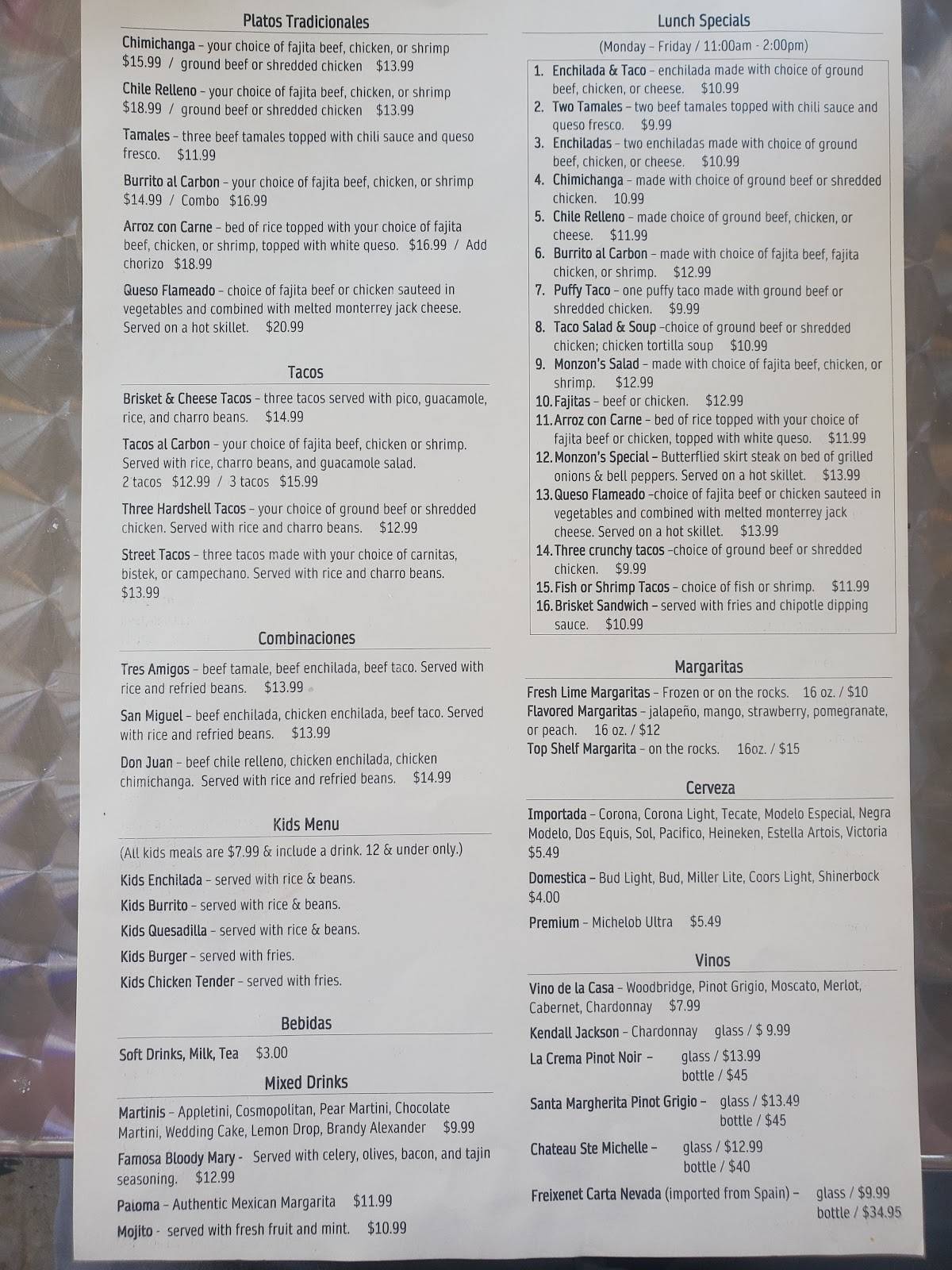 Menu at Monzon's Cantina & Grille restaurant, Bossier City, Stockwell ...