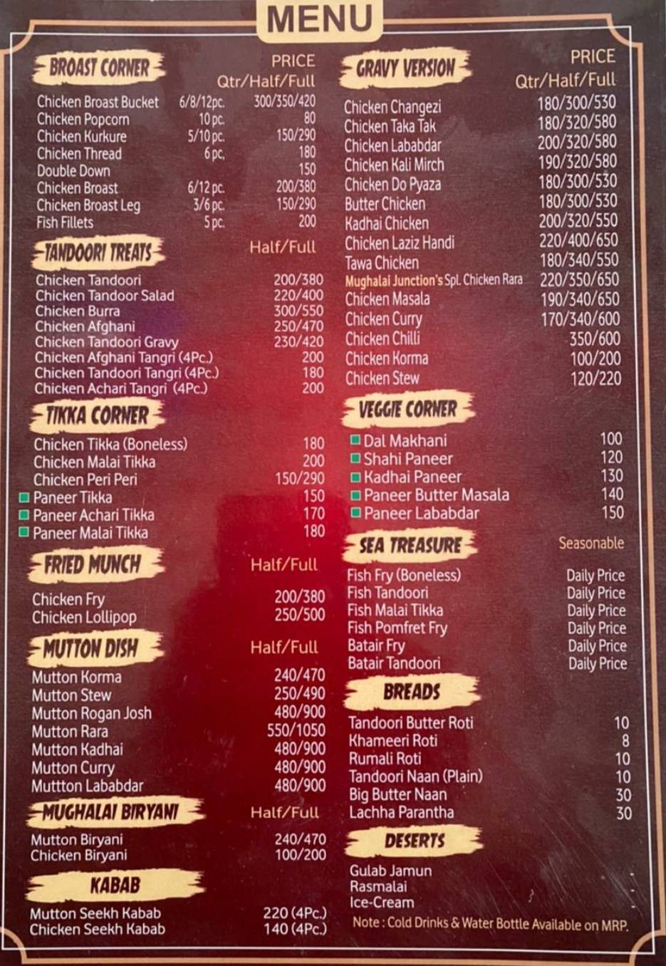 Menu at Mughlai Junction, Faridabad