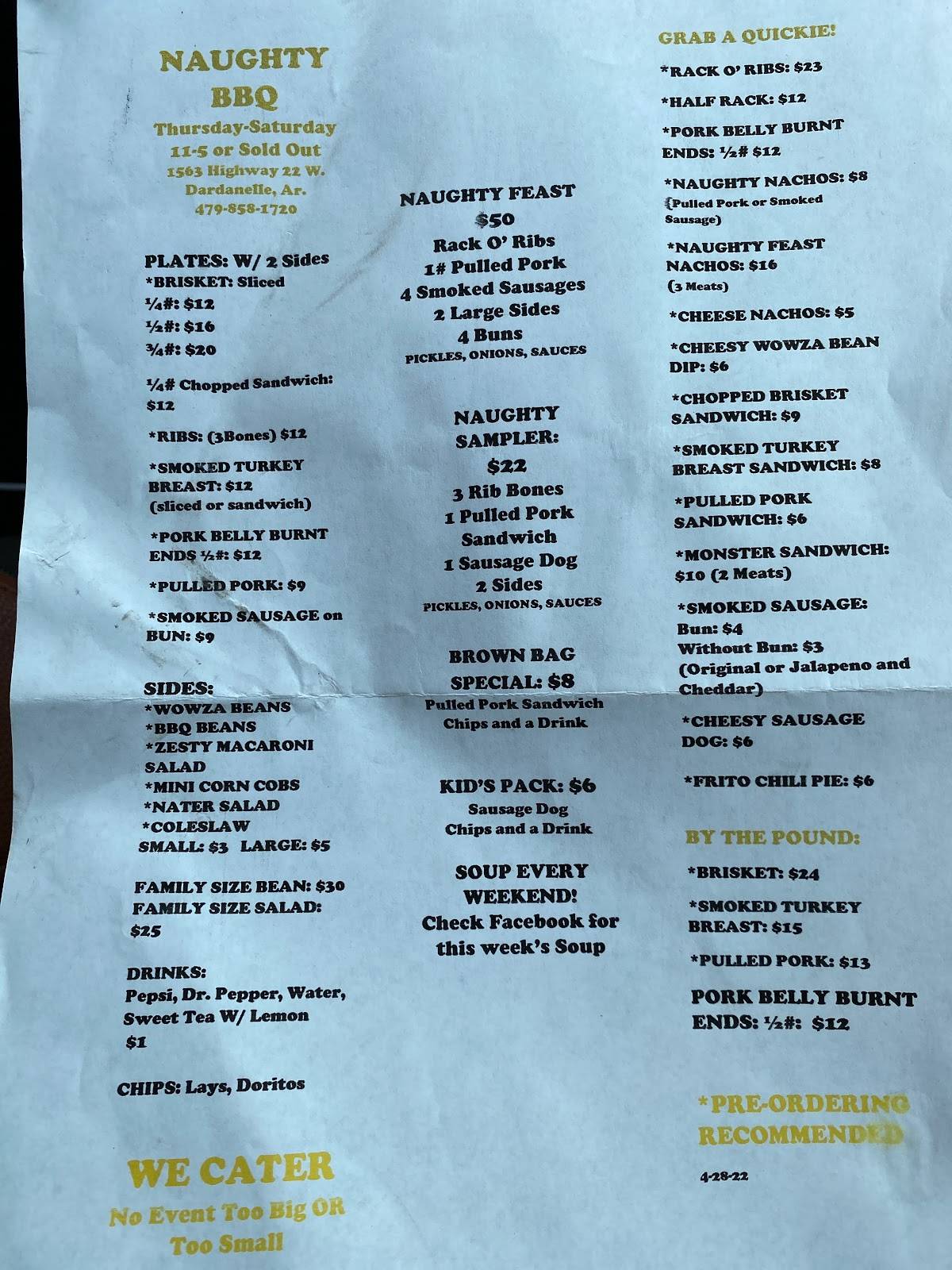Menu at Naughty BBQ, Dardanelle