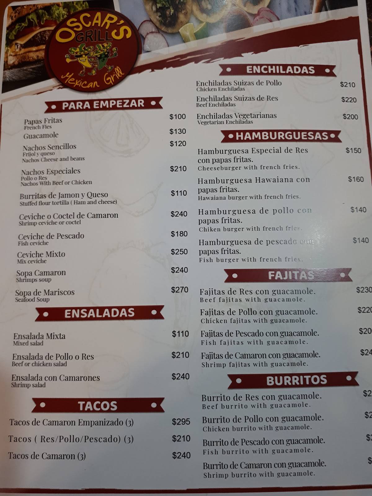 Menu at Oscars Grill pizzeria, Isla Mujeres
