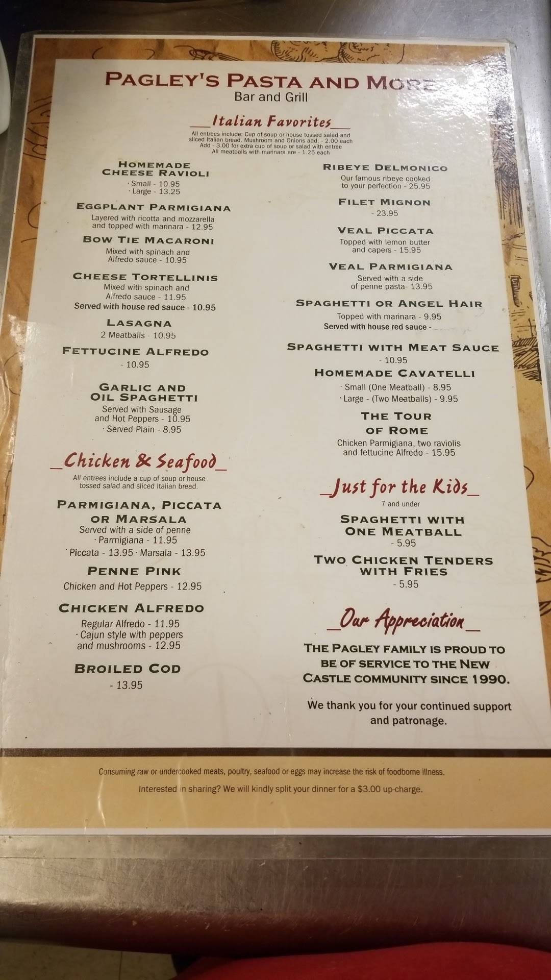 Menu at Pagley's Pasta & More restaurant, New Castle