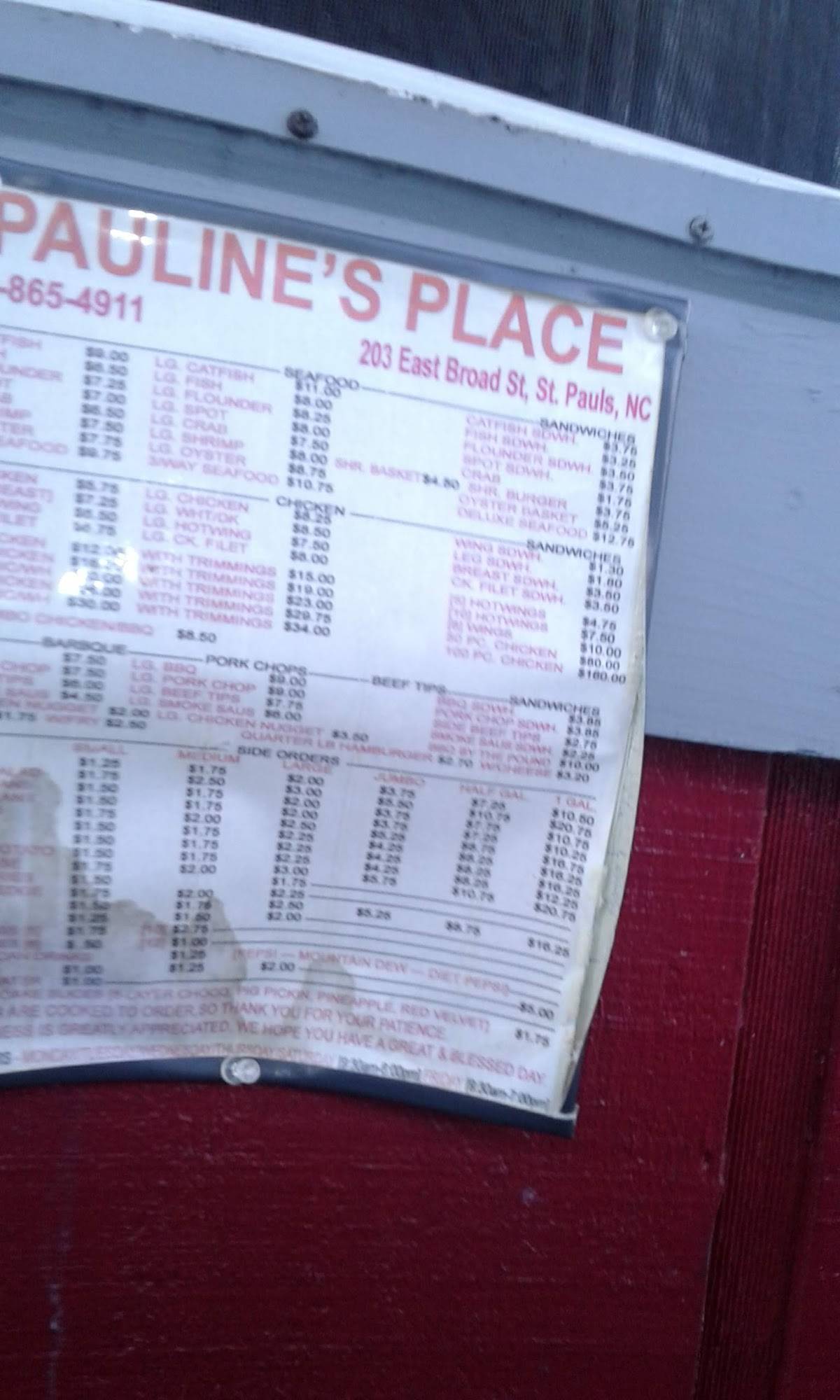 Menu at Pauline's Place BBQ, Saint Pauls