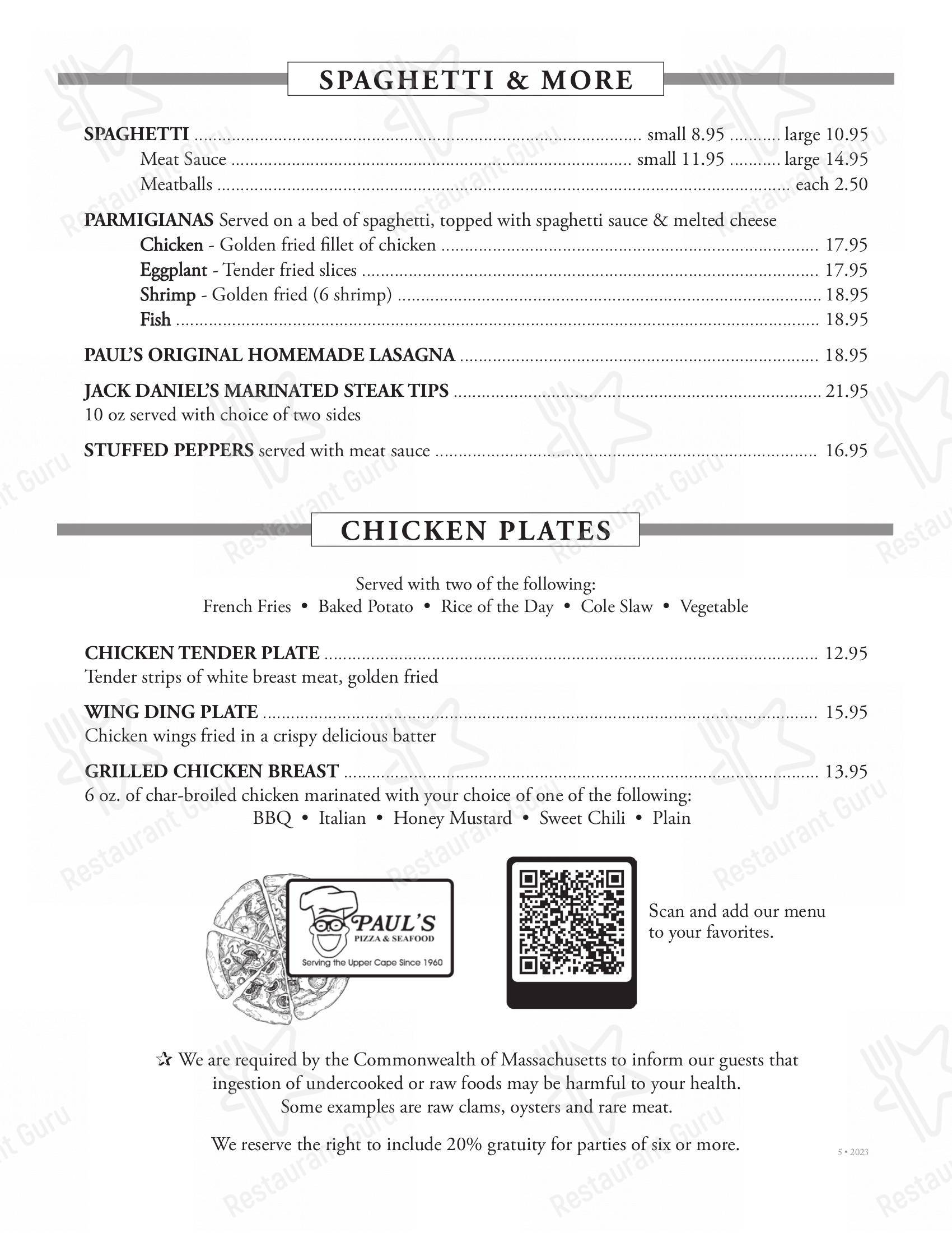 Menu at Paul's Pizza & Seafood pizzeria, Falmouth