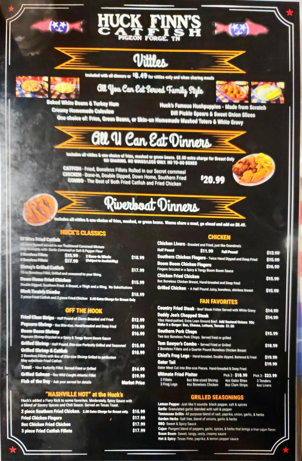 Menu at Huck Finn's Catfish restaurant, Pigeon