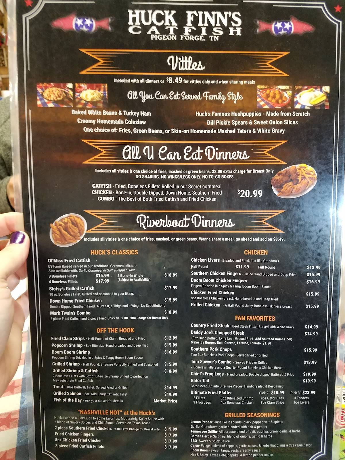 Menu at Huck Finn's Catfish restaurant, Pigeon
