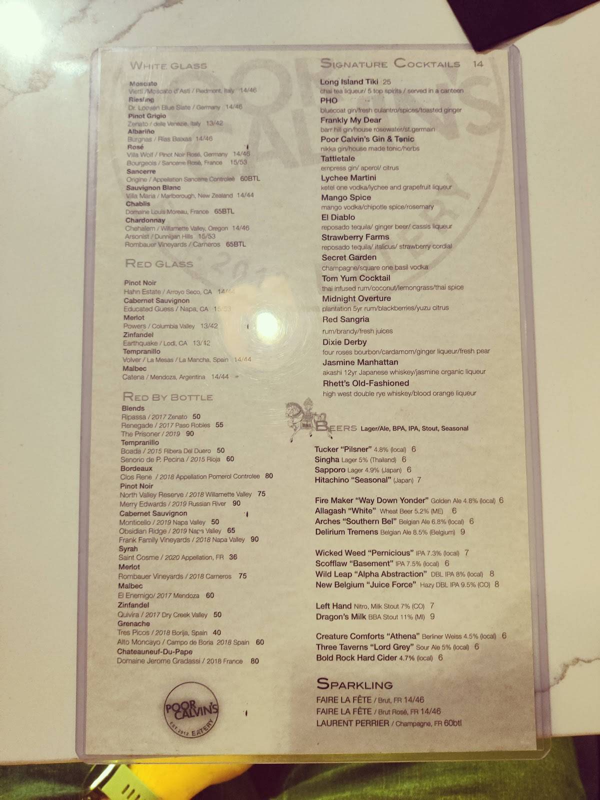 Menu at Poor Calvin's restaurant, Atlanta