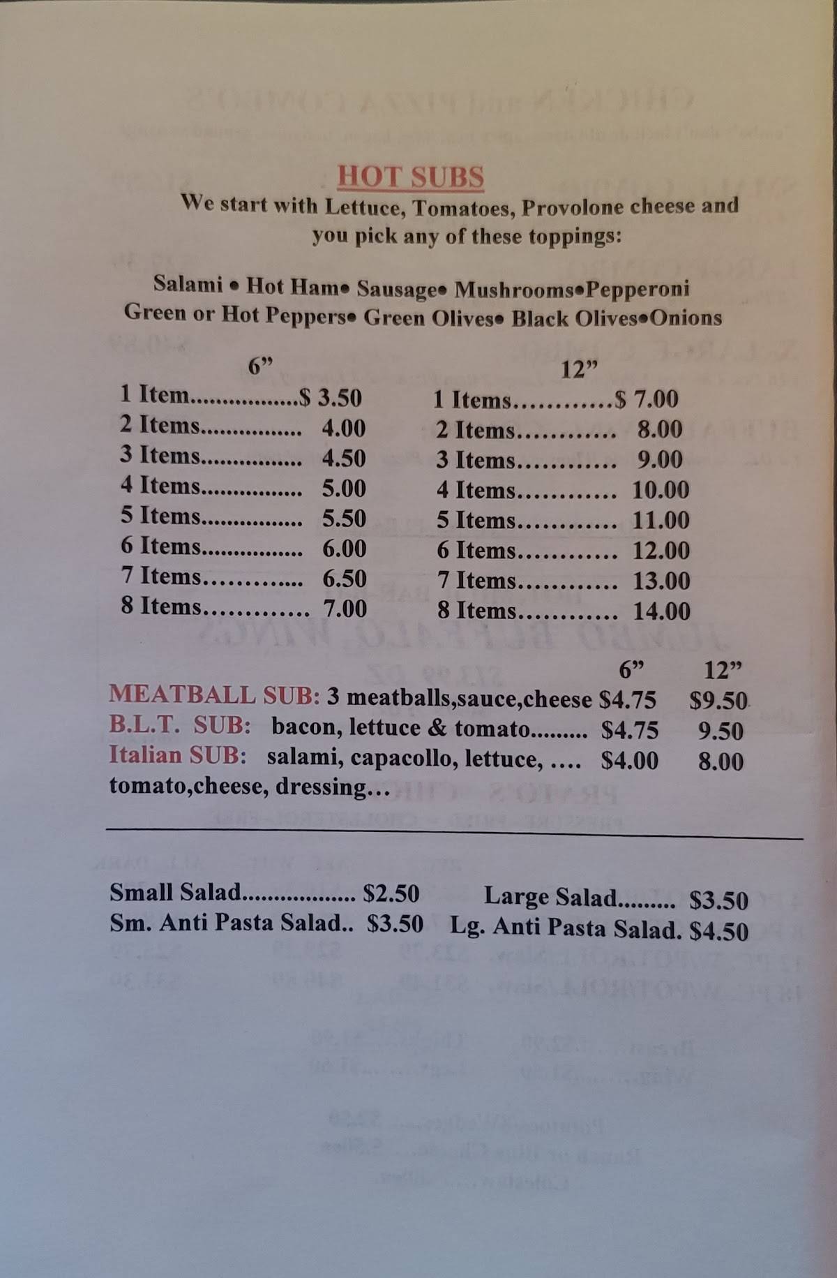 Menu at Prato's Pizza pizzeria, Canal Fulton