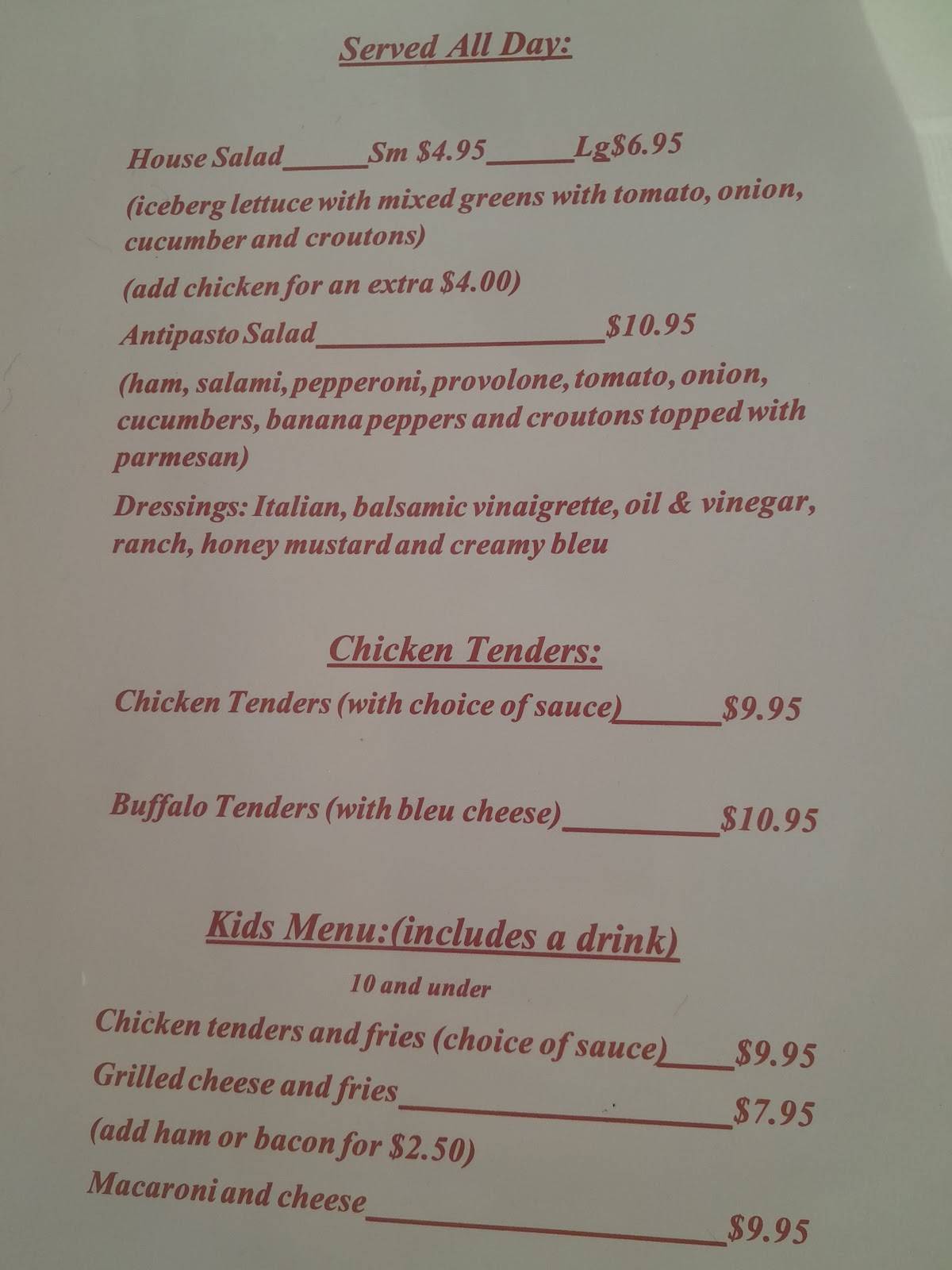 Menu at Prevo’s Restaurant, Canastota