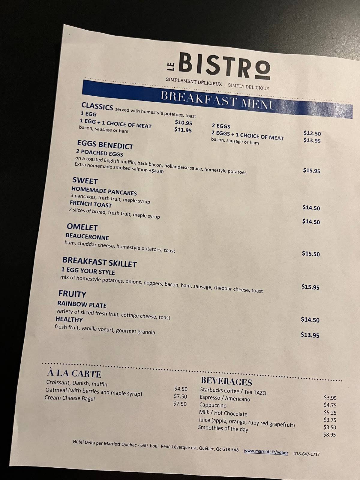 Menu at Le Bistro restaurant, Québec City, 690 Bd René-Lévesque E