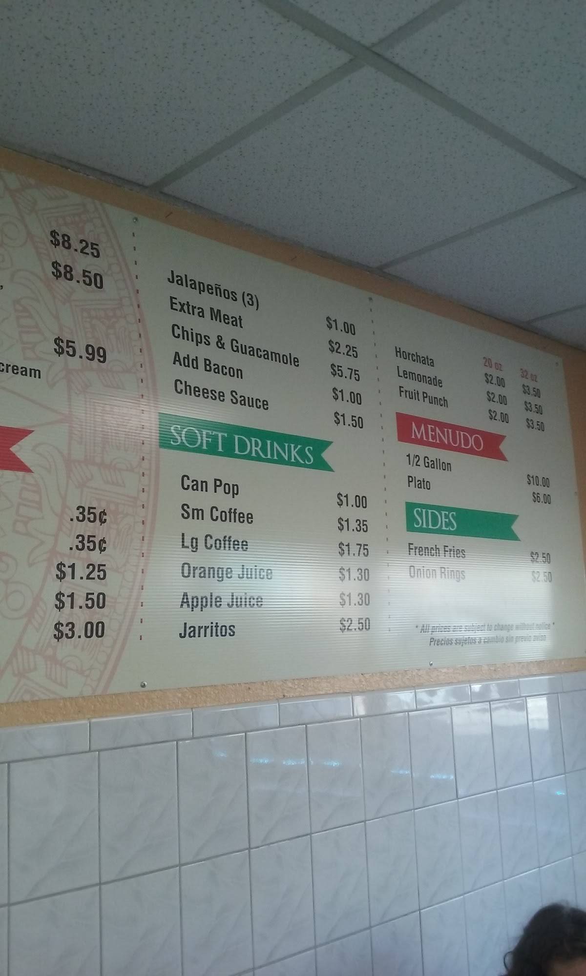 Menu at Raymond's Tacos No. 1 restaurant, Chicago, W Cermak Rd