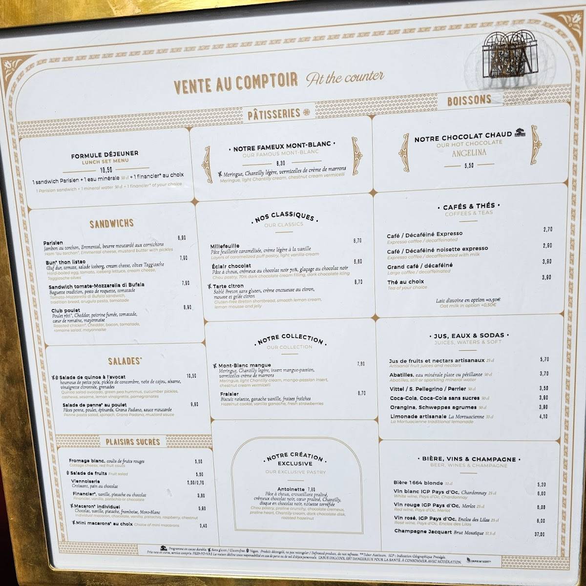 Menu at Angelina Paris restaurant, Versailles, Allée des 2