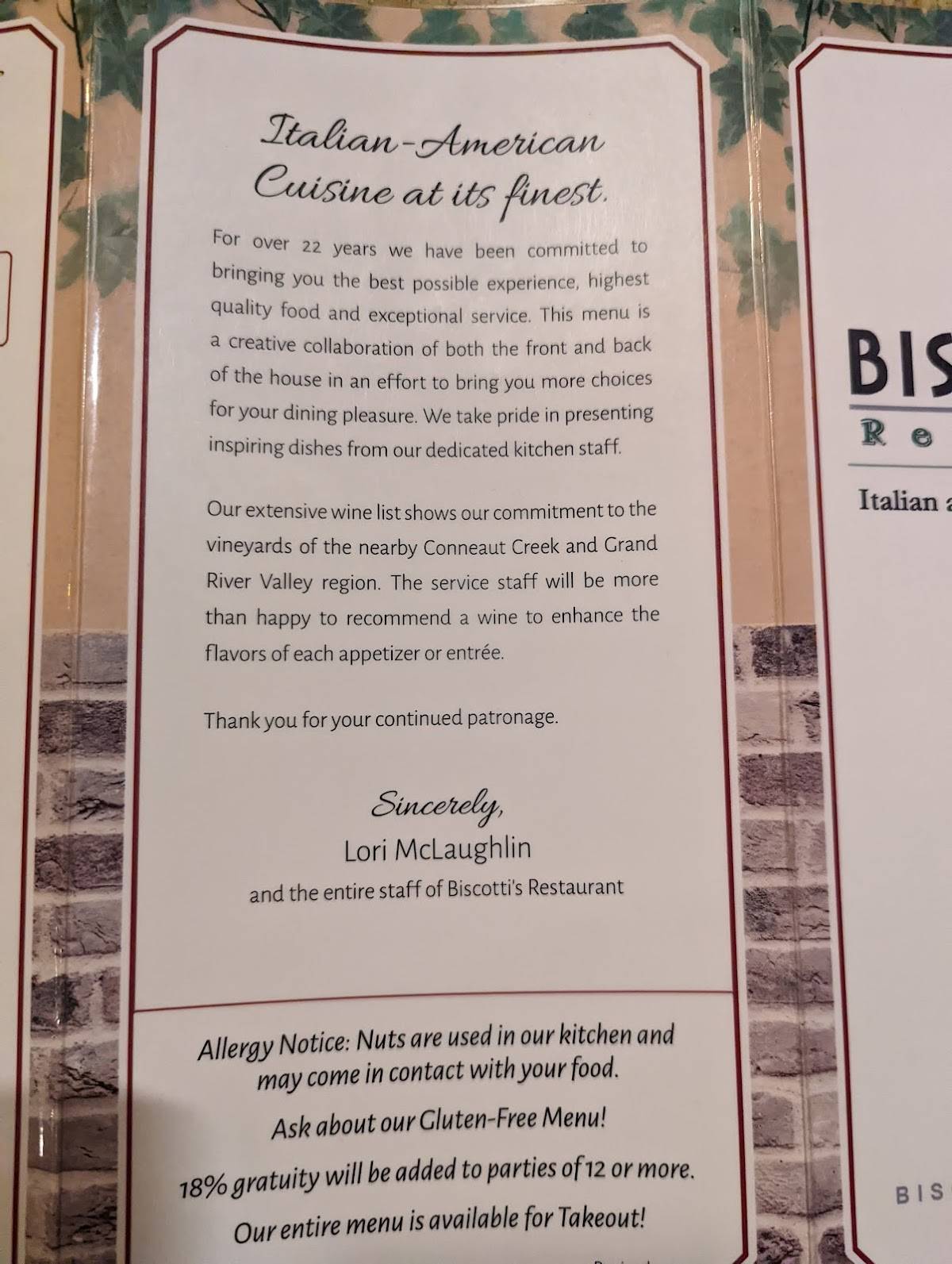 Menu at Biscotti's Restaurant, Conneaut