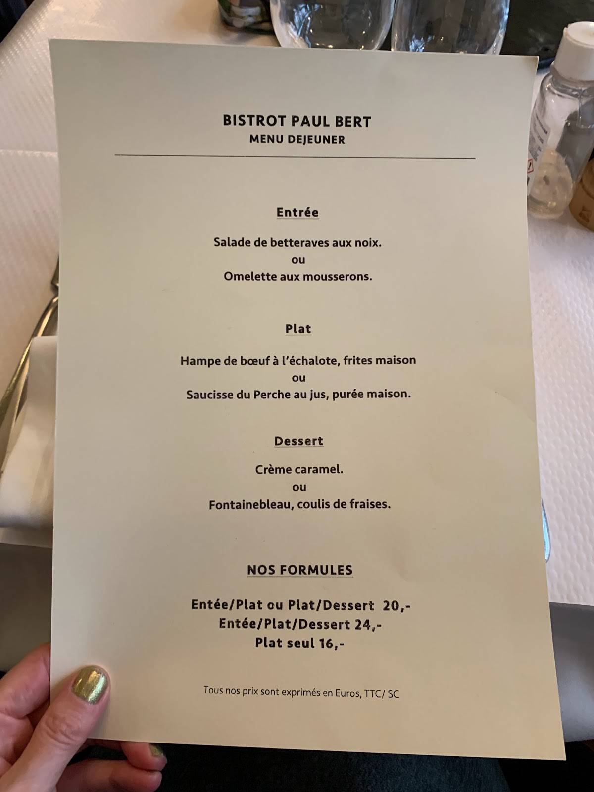 Menu at Bistrot Paul Bert restaurant, Paris